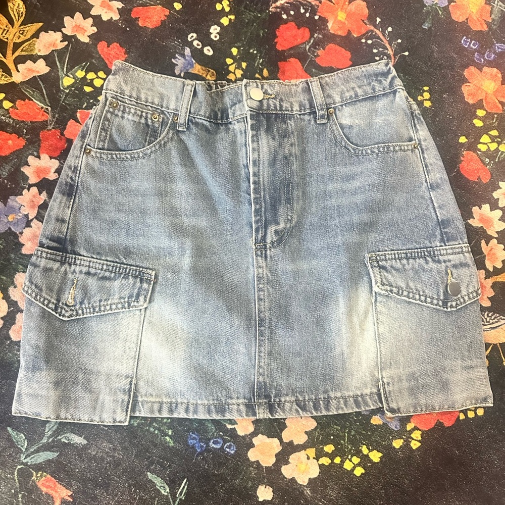 Light Wash Denim Mini Skirt with Cargo Pockets